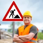 Mitarbeiter mit Warnweste vor Baustellenschild als symbolisches Bild für eine RSA 21 Online Schulung zur Baustellensicherung.