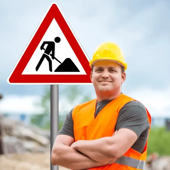 Mitarbeiter mit Warnweste vor Baustellenschild als symbolisches Bild für eine RSA 21 Online Schulung zur Baustellensicherung.